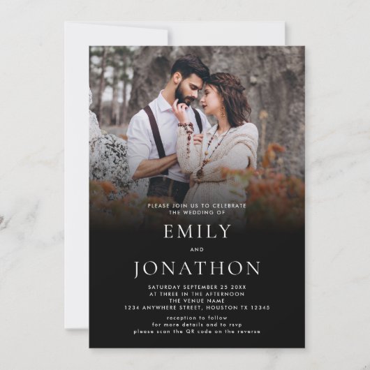 Minimalistische foto overlay QR code bruiloft zwar Kaart (Voorkant)