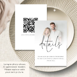 Minimalistische foto-overlay QR-code huwelijksdeta Informatiekaartje