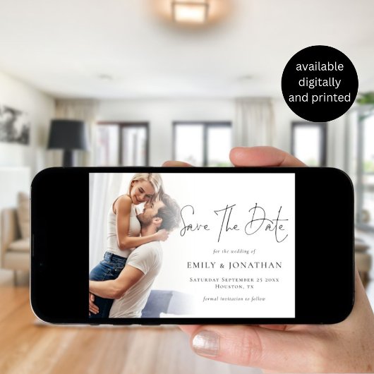 Minimalistische foto overlay QR script bruiloft Save The Date