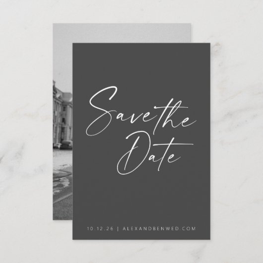 Minimalistische foto-overlay zwart-wit script save the date (Voorkant / Achterkant)