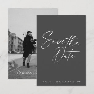 Minimalistische foto-overlay zwart-wit script save the date