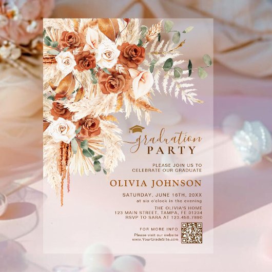 Minimalistische Foto QR Code Bloemen Afstuderen Acryl Uitnodigingen