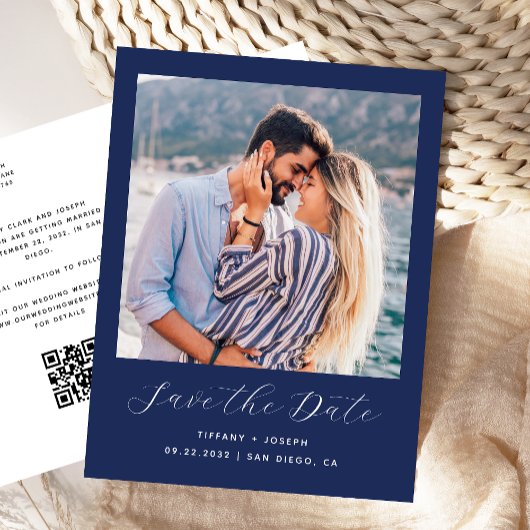 Minimalistische foto QR-code Navyblauw Save the Da Briefkaart