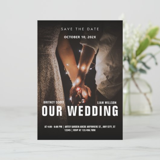 Minimalistische foto romance bruiloft save the date (Staand voorkant)
