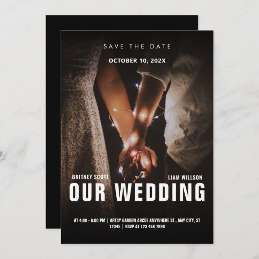 Minimalistische foto romance bruiloft save the date (Voorkant / Achterkant)