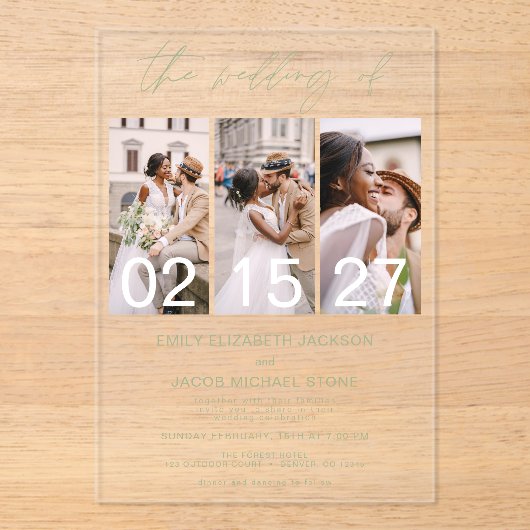 Minimalistische foto Sage Green Wedding 3 Foto Acryl Uitnodigingen (Voorkant)