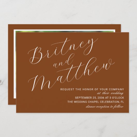 Minimalistische foto Terracotta Script bruiloft Kaart (Voorkant / Achterkant)