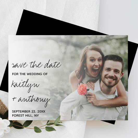 Minimalistische foto van modern zwart-wit script save the date