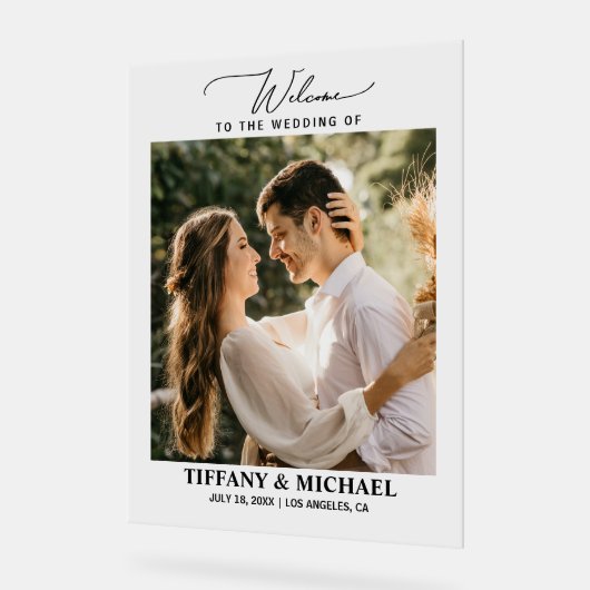Minimalistische foto welkom bruiloft duidelijk acryl bord (Hoek)