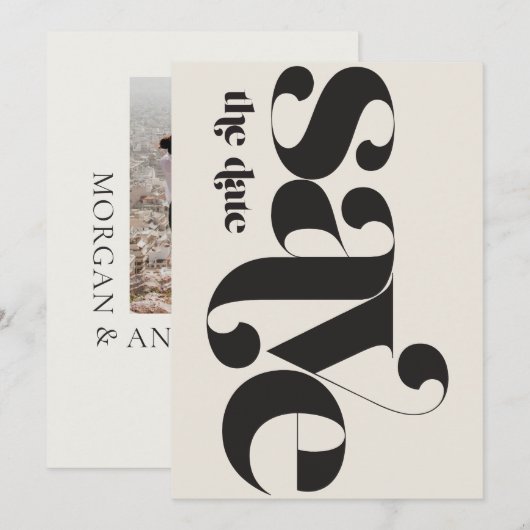 Minimalistische foto zwarte crème save the date (Voorkant / Achterkant)