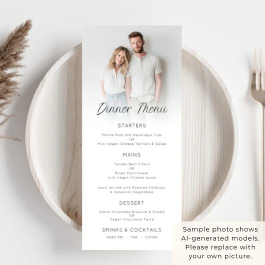 Minimalistische fotobekleding trouwmenu kaart