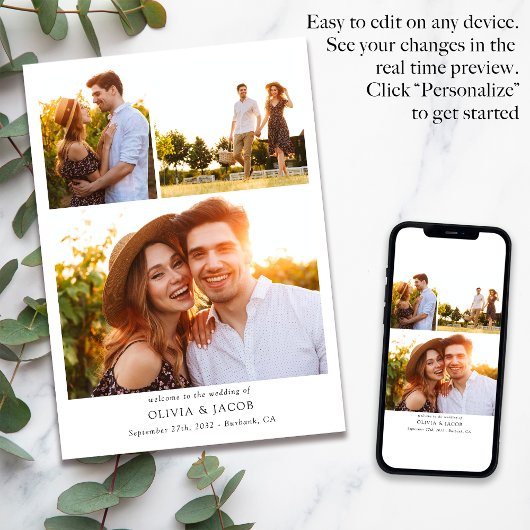 Minimalistische fotocollage bruiloft programmakaart