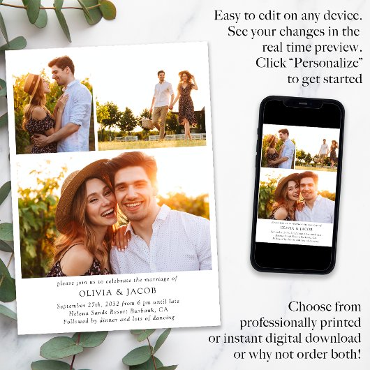 Minimalistische fotocollage QR-code bruiloft Kaart