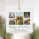 Minimalistische fotocollage van de scriptfamilie keramisch ornament<br><div class="desc">Creëer uw eigen gepersonaliseerde familie foto collage ornament.</div>