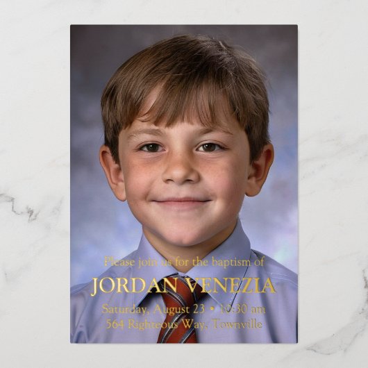 Minimalistische fotodoop folie uitnodiging (Voorkant)