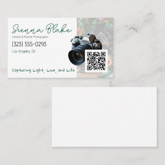 Minimalistische fotograaf QR-code en cameraafbeeld Visitekaartje (Voorkant / Achterkant)