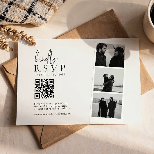 Minimalistische fotostrip QR-code trouwkaart RSVP Kaartje