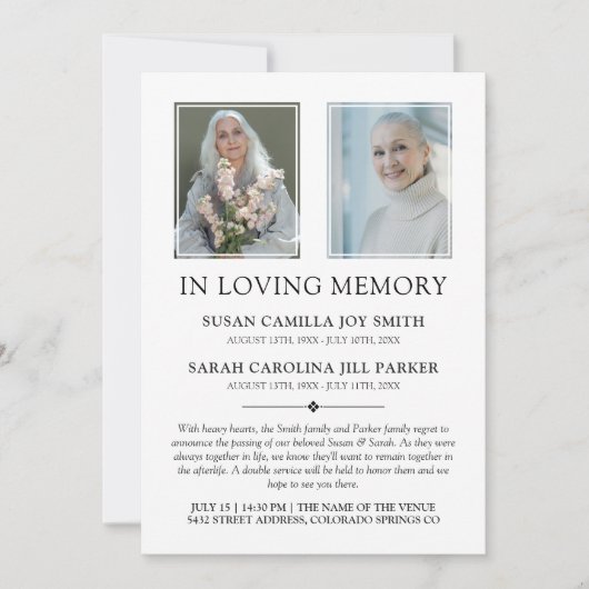 Minimalistische fototweeling in liefdevolle geheug aankondiging (Voorkant)