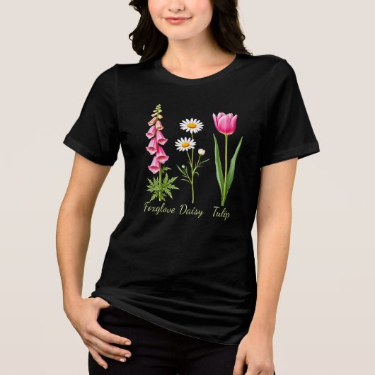 Minimalistische Foxglove Daisy Tulip Floral Art Tri-Blend Shirt (Voorkant)