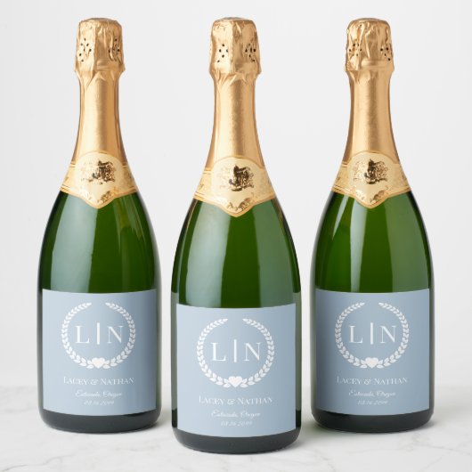 Minimalistische Frosted Blue Monogram Initialen Sparkling Wijnetiket (Flessen)