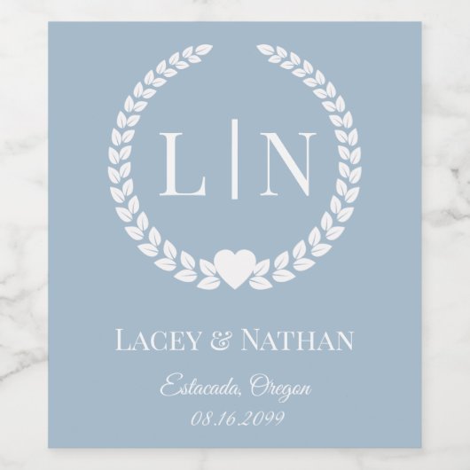 Minimalistische Frosted Blue Monogram Initialen Wijn Etiket (Enkel label)