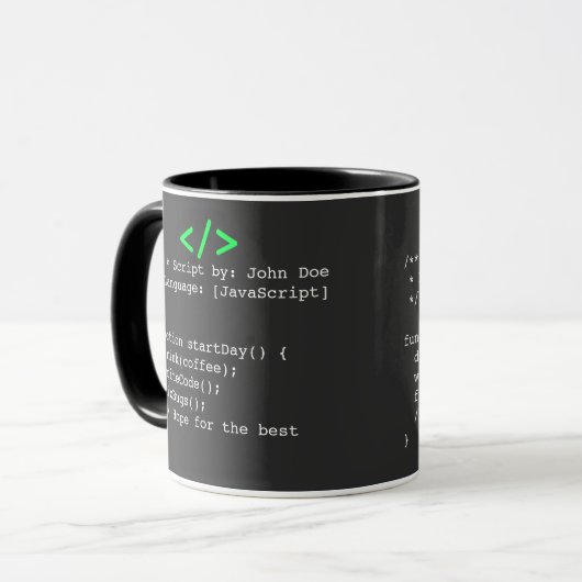 Minimalistische functie startDay() Ontwikkelaar Gr Mok (Voorkant links)
