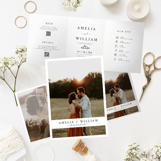 Minimalistische Gatefold Foto QR Code RSVP bruilof Drieluik Uitnodiging
