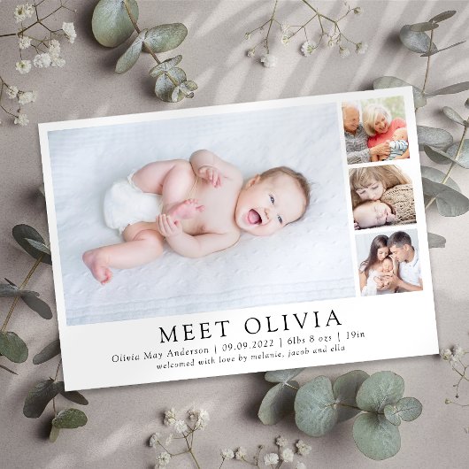 Minimalistische geboorteaankondiging voor 4 foto's aankondiging