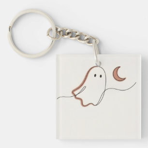 Minimalistische Geest en Halve Maan Halloween Spok Sleutelhanger
