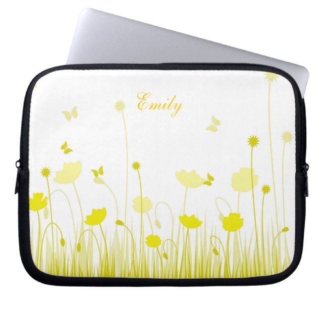 Minimalistische gele en witte klaprozen weide naam laptop sleeve (Voorkant)