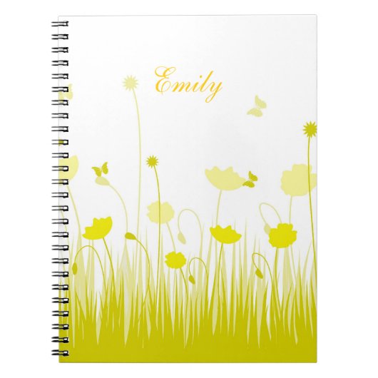 Minimalistische gele en witte klaprozen weide naam notitieboek (Voorkant)