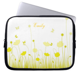 Minimalistische Gele en Witte Poppies Meadow Naam Laptop Sleeve