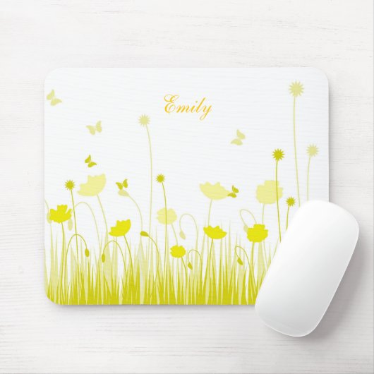 Minimalistische Gele en Witte Poppies Meadow Naam Muismat (Met muis)