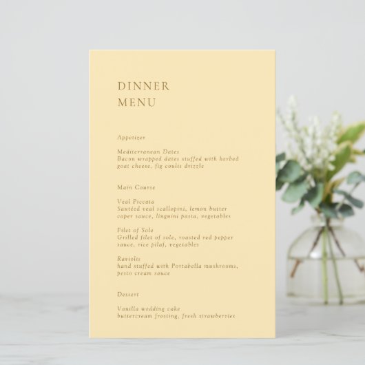 Minimalistische Gele Moderne Trouwmenu (Staand voorkant)