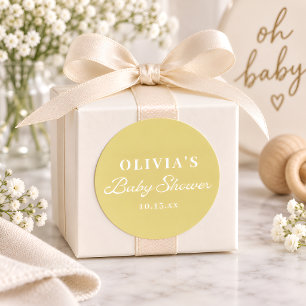 Minimalistische Gele Retro Script Baby Shower Aang Ronde Sticker