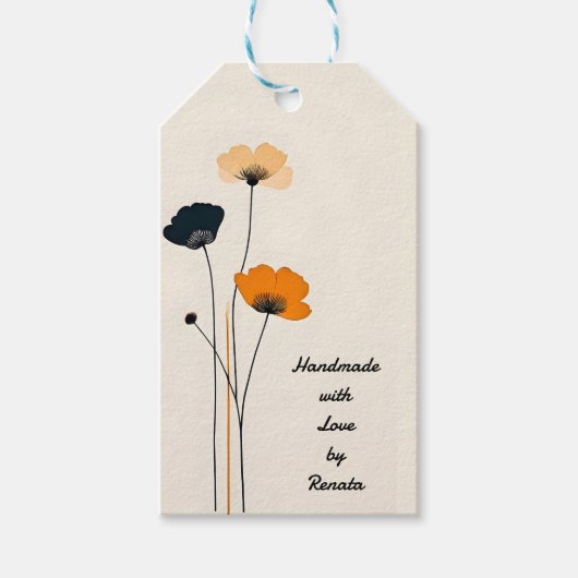 Minimalistische gele zwarte oranje bloemen cadeaulabel (Voorkant)