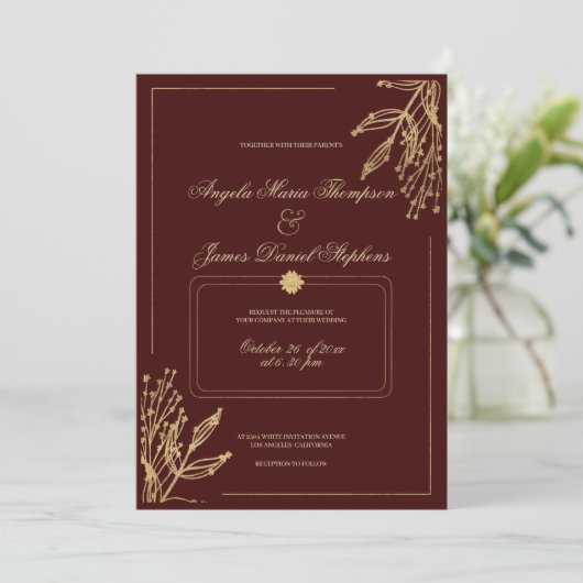 Minimalistische geometrische bordeaux gouden bloem kaart (Staand voorkant)