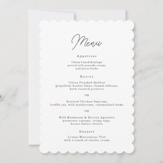 Minimalistische geschulpte script trouwmenu kaart (Voorkant)