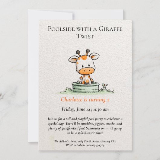 Minimalistische Giraffe Pool Party Uitnodiging (Voorkant)