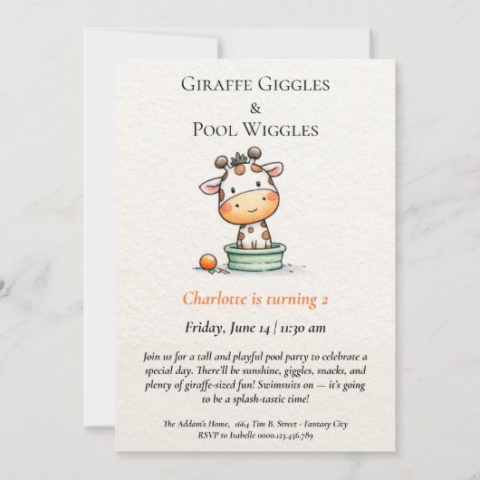 Minimalistische Giraffe Zwembad Feest Uitnodiging (Voorkant)