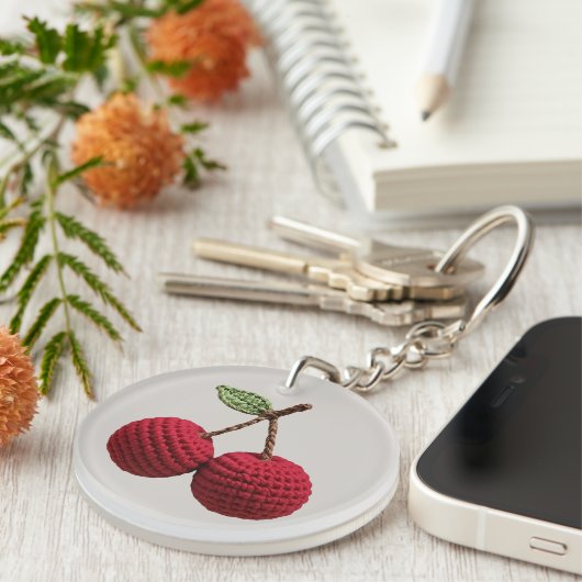 Minimalistische Girly Crochet Red Cherry Monogram  Sleutelhanger (Voorkant Rechts)