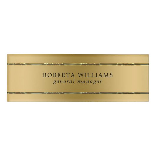 Minimalistische glanzende gouden en zwarte strepen naambadge (Voorkant)