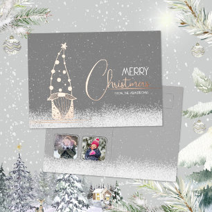 Minimalistische Gnome Twee Foto Roze Goud Kerstmis Folie Feestdagenkaart