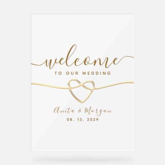 Minimalistische Gold Heart Wedding Welkom Acryl Bord (Voorkant)