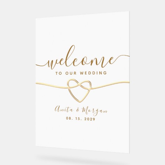 Minimalistische Gold Heart Wedding Welkom Acryl Bord (Hoek)