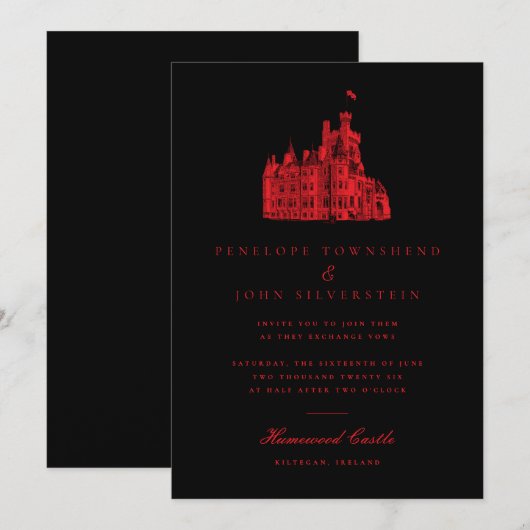Minimalistische Gotische Kasteel Zwart Rood Huweli Kaart (Voorkant / Achterkant)