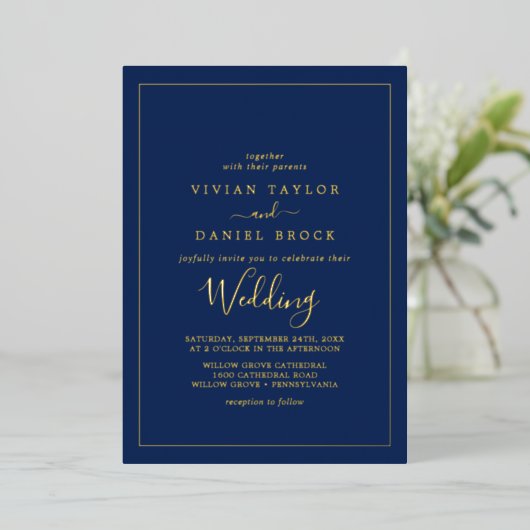 Minimalistische goud folie | Navy Blue Trouwen Uitnodiging (Staand Voorkant)
