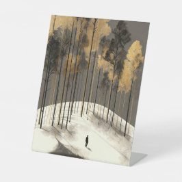 Minimalistische Goud Zwarte Bos Sneeuw Kunst | Een Reclamebord Met Voetstuk