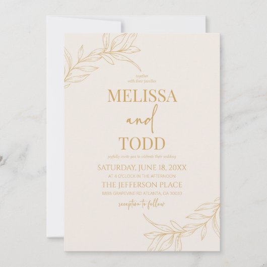 Minimalistische gouden beige tak blad bruiloft kaart (Voorkant)