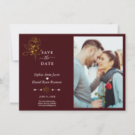 Minimalistische gouden bloem diepe bordeauxkleurig save the date